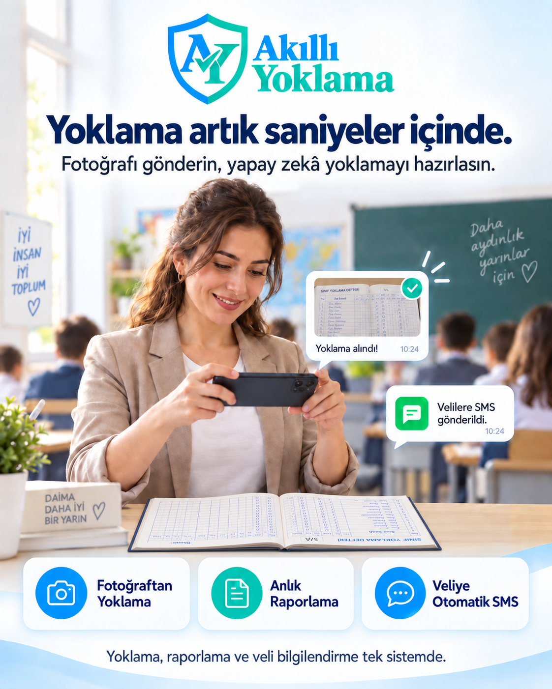 Öğretmenin gerçek yoklama defterini fotoğraflayarak Akıllı Yoklama sistemini kullanmasını anlatan tanıtım görseli