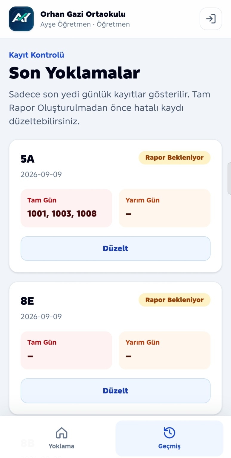 Öğretmen mobil geçmiş yoklama ekranı