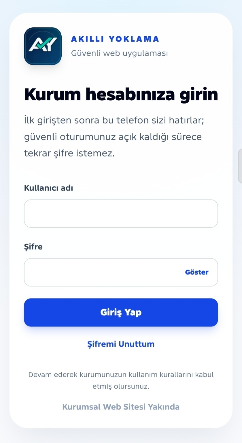 Akıllı Yoklama kurum hesabı mobil giriş ekranı